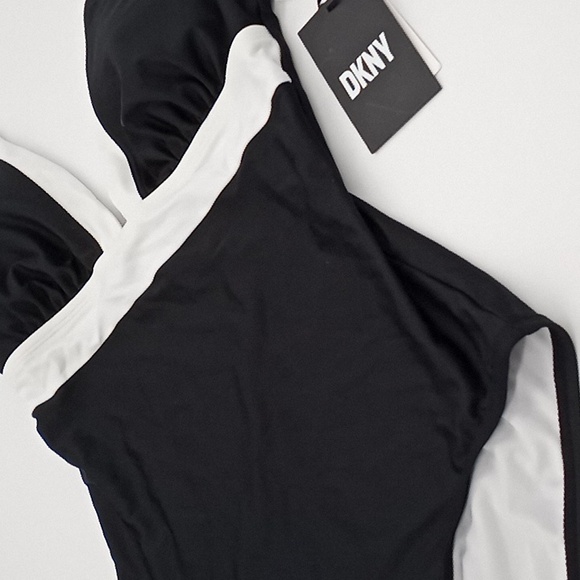 DKNY Plunging Colorblocked One-Piece Swimsuit Black White 8 - Picture 5 of 14